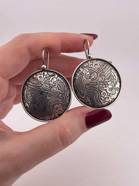 sterling silver Silpada dragon disc dangle earrings