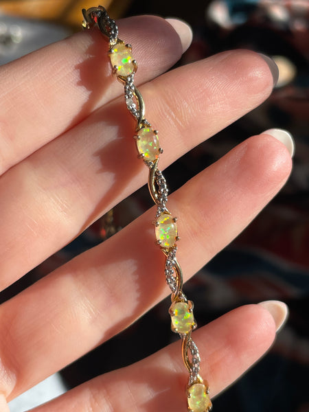 sterling silver 7-1/2" gold plated opal single diamond link bracelet