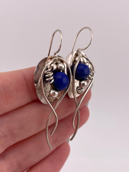 sterling silver artisan Ladda Bihler lapis dangle earrings