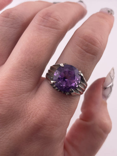 size 8 sterling silver faceted round amethyst prong setting ring