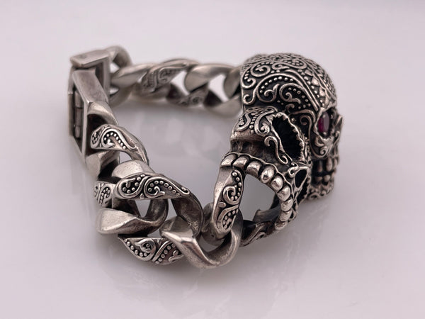 sterling silver chunky heavy skull lab ruby eyes link bracelet