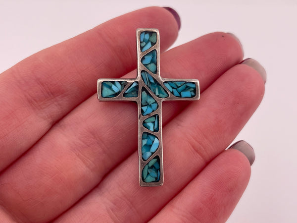sterling silver crushed turquoise cross pendant