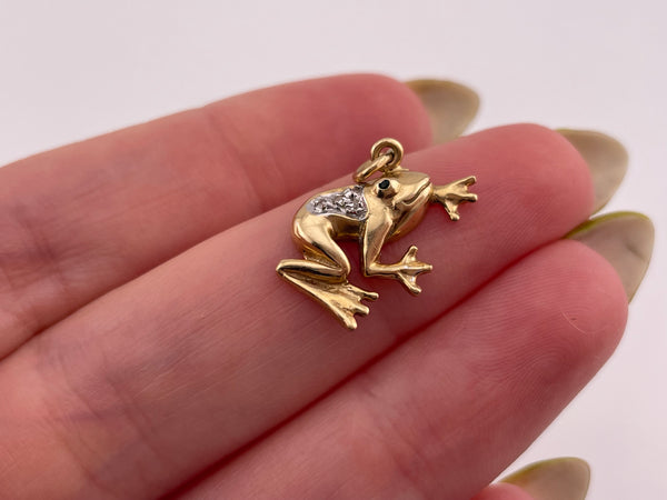 14k yellow gold diamond & green gemstone frog pendant