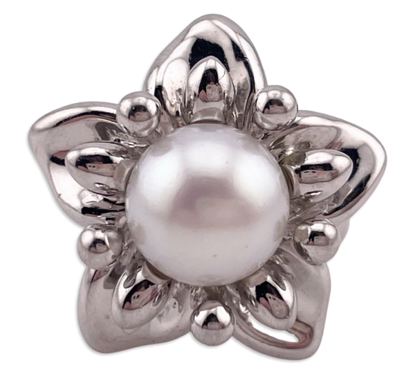 size 6.25 sterling silver rhodium plated faux pearl flower ring