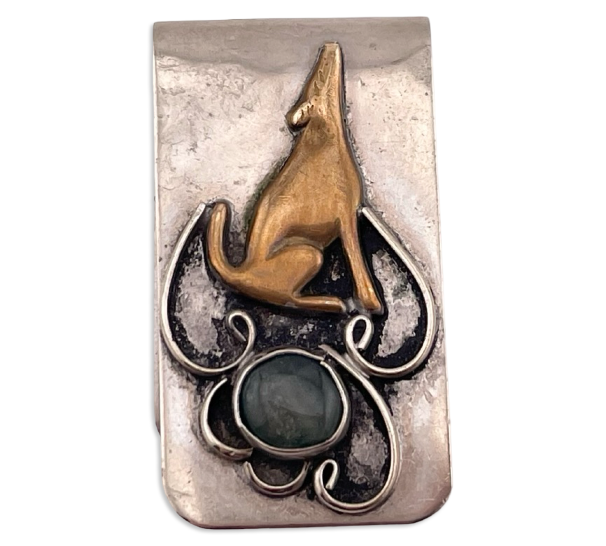 nickel silver & brass howling wolf agate money clip **AS IS**