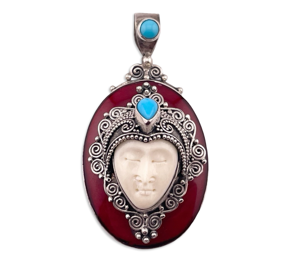 sterling silver synthetic coral turquoise molded plastic face pendant