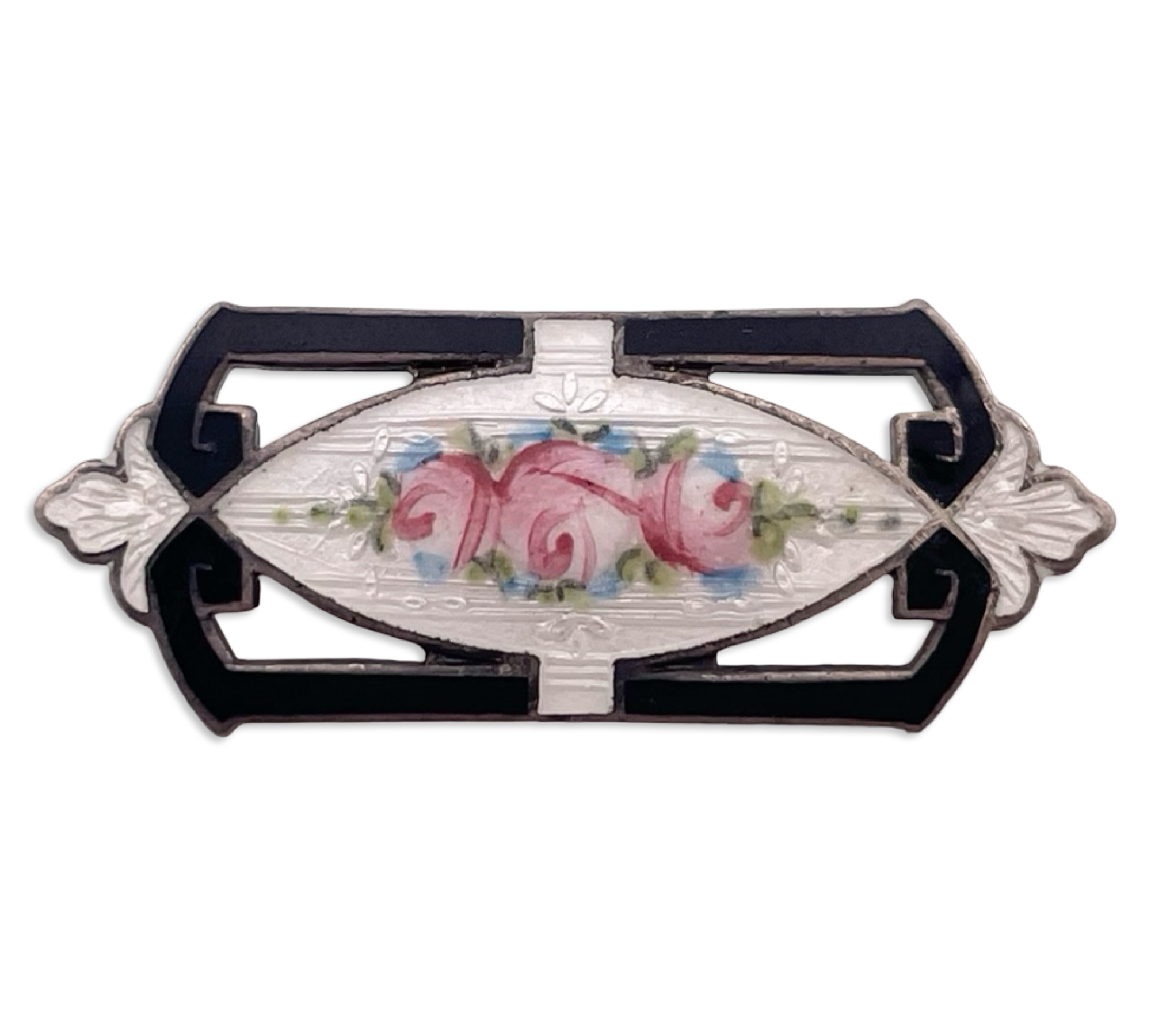 sterling silver painted flower enamel black border brooch pin ***AS IS***