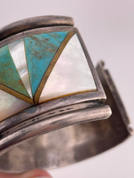 sterling silver heavy turquoise, mother of pearl, & brass inlay cuff bracelet