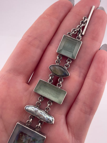 sterling silver 7-1/4" to 7-7/8" Janice Lee Ripley faceted plastic labradorite pearl link bracelet