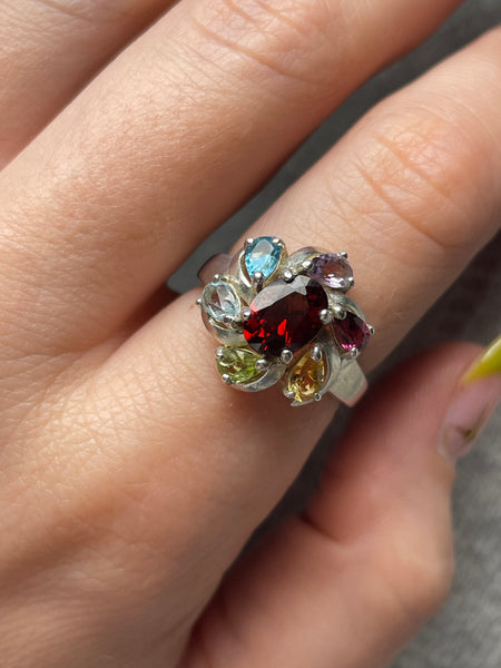 size 8 sterling silver faceted multi-gemstone ring