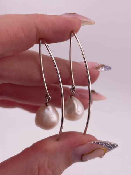 sterling silver synthetic pearl threader dangle earrings