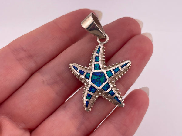 sterling silver mosaic lab opal starfish pendant