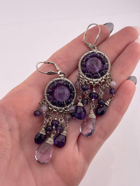 sterling silver amethyst bead hook dangle earrings