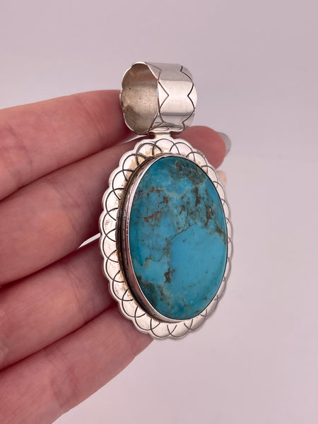 sterling silver 2-1/2" DTR large stabilized turquoise stamped pendant ***Hairline Cracks***