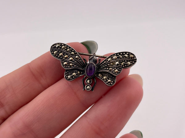 sterling silver marcasite amethyst bug insect brooch pin