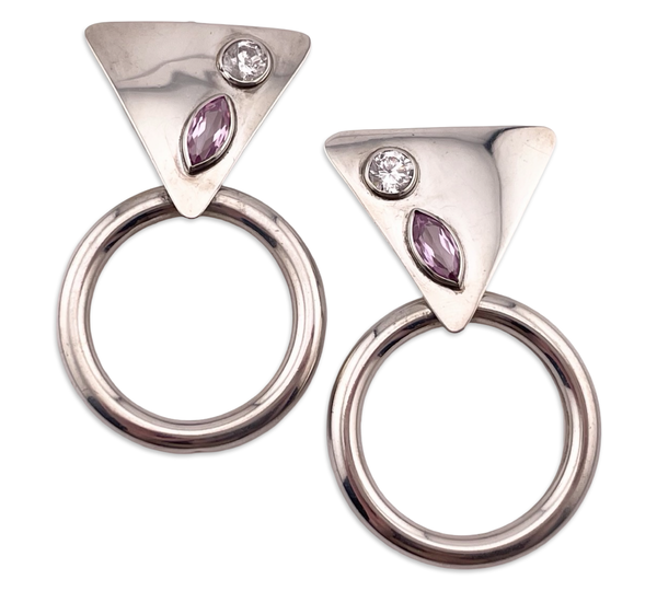 sterling silver large 2-1/2" rhinestone lab ruby triangle circle clip-on earrings