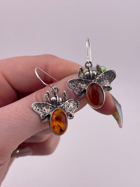 sterling silver amber bee dangle earrings