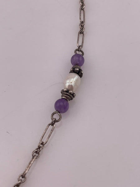 sterling silver 16" amethyst & pearl beaded necklace