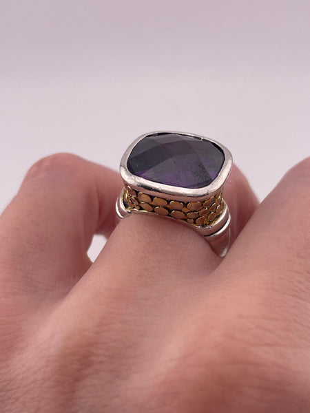 size 5.75 rhodium plated sterling silver & gold wash chunky faceted purple glass ring