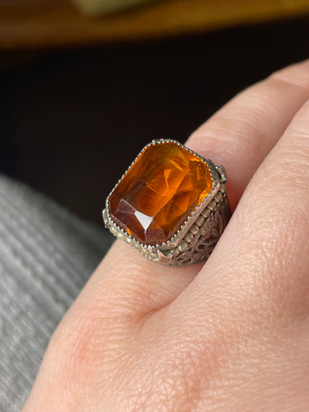 size 3.75 sterling silver faceted orange glass faux pearl ring ***AS IS***