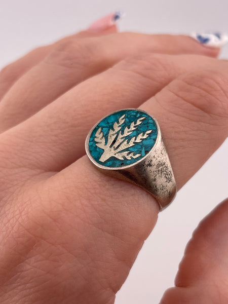 size 8.5 sterling silver cannabis leaf crushed turquoise ring