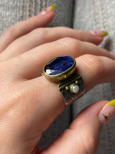 size 8.75 sterling silver & brass kyanite pearl flower band ring