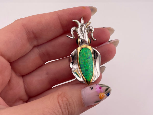 sterling silver lab opal mother of pearl squid pendant brooch