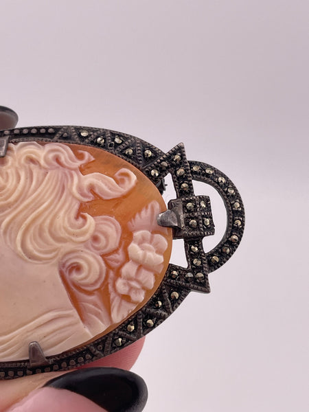 sterling silver carved shell cameo marcasite brooch