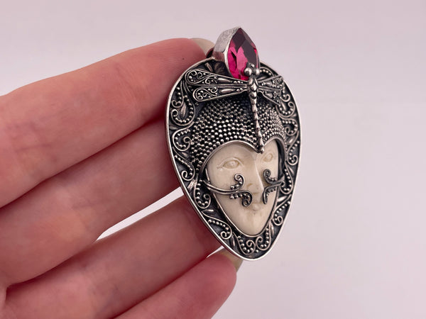 sterling silver faceted garnet molded plastic face dragonfly pendant