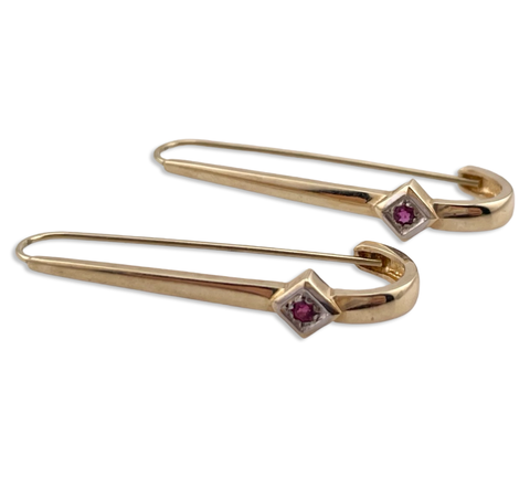 14k yellow gold ruby J shaped dangle earrings