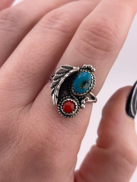 size 7.5 sterling silver turquoise coral ring