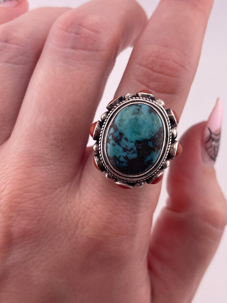 size 9 sterling silver chunky turquoise & coral border ring