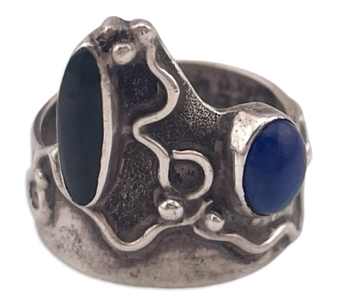 size 6 sterling silver lapis & nephrite artist signed modernist ring