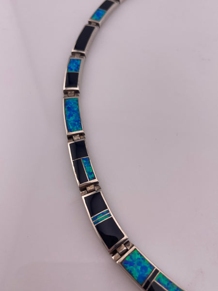 sterling silver 16-3/4" lab opal black jade collar necklace