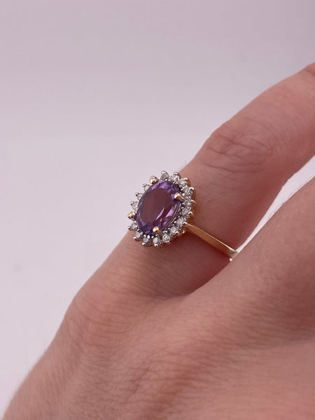 size 5.5 14k yellow gold faceted amethyst & diamond halo ring