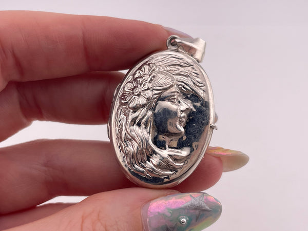 sterling silver woman profile locket pendant