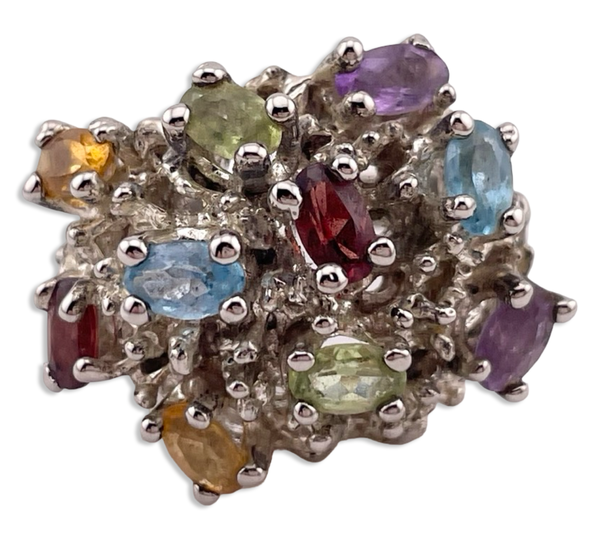 size 6.5 sterling silver brutalist faceted multi-gemstone ring