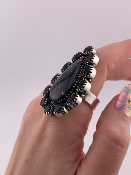 size 9.5 adjustable sterling silver large faceted glass & apache gold ring