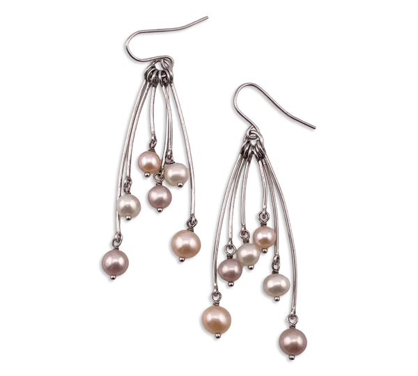 sterling silver 2-1/4" faux pearl hook dangle earrings