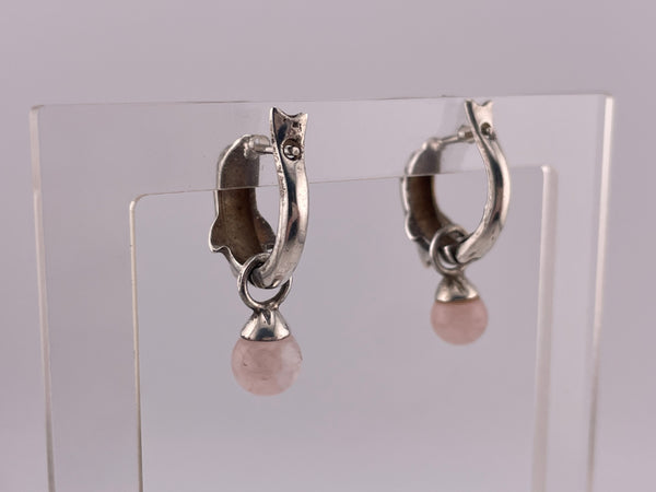 sterling silver rhodium plated dolphin hinge hoops with rose quartz enhancers earrings