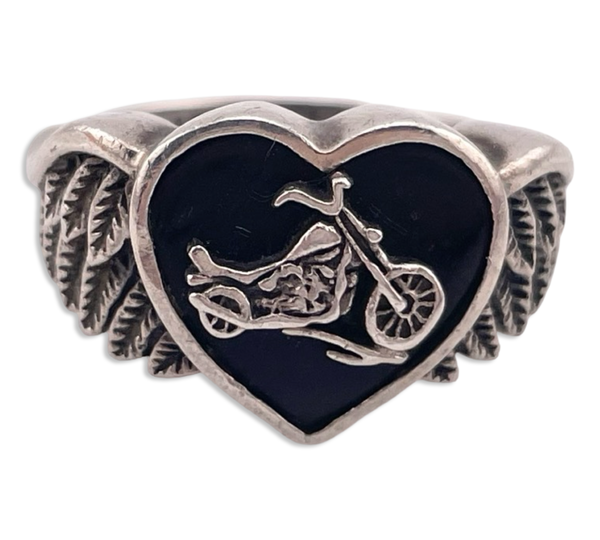 size 6.25 sterling silver black resin heart motorcycle wings ring