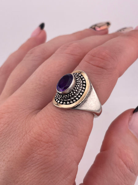 size 7.75 sterling silver & 18k gold faceted amethyst ring