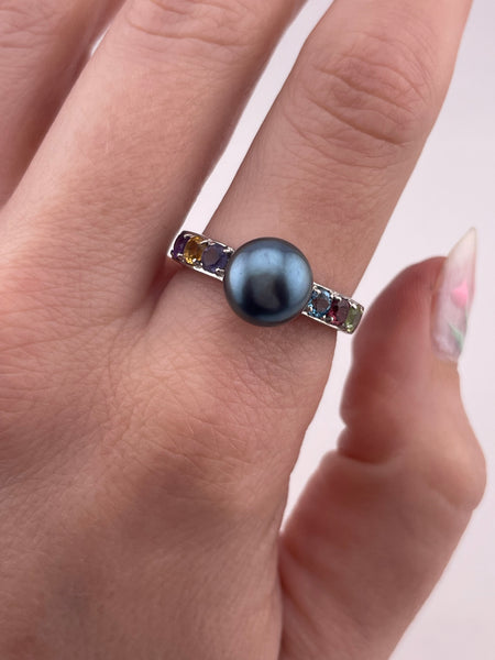 size 9 sterling silver pearl & multi-gemstone ring
