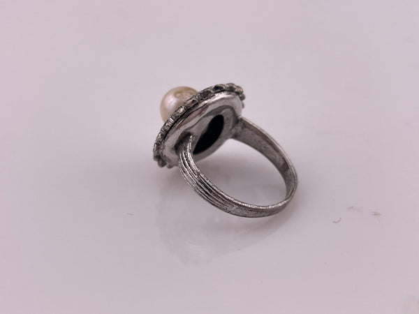 size 6.25 sterling silver rhodium plated marcasite faux pearl ring