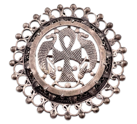 800 silver Egyptian Revival ankh cross ornate brooch / pendant