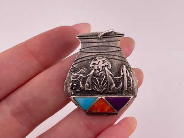 sterling silver multi-stone howling wolf pendant