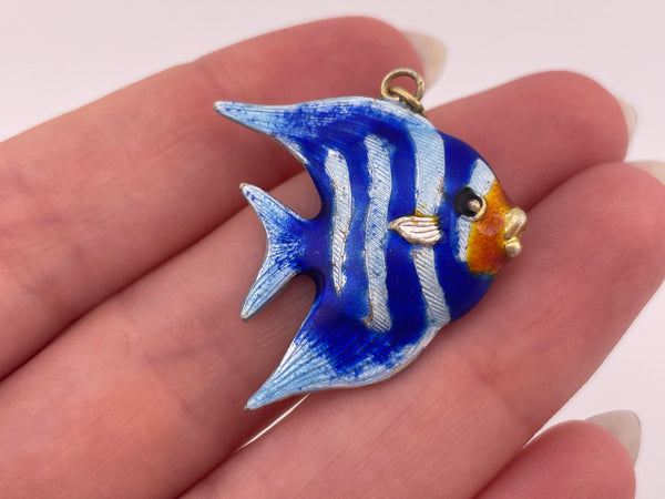 sterling silver blue orange enamel fish pendant