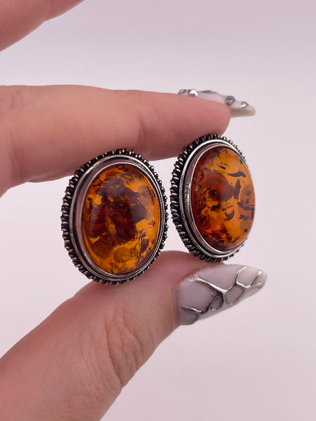 sterling silver oval rope design amber clip-on earrings