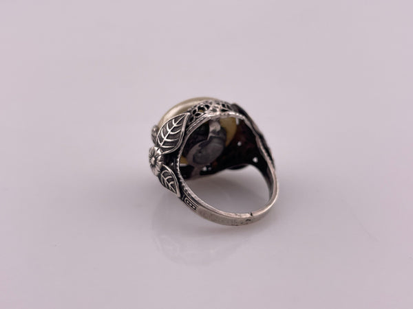size 4.25 sterling silver faux pearl leaf flower ring ***AS IS***