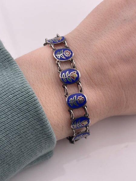 NOT STERLING - silver tone painted flower link bracelet **AS IS**